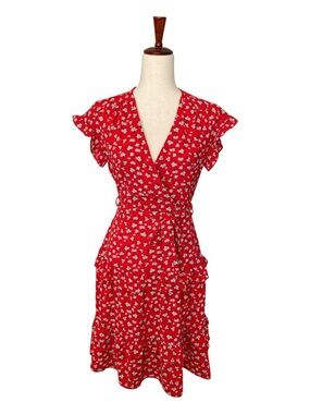 Monteau Red Floral Midi Dress Tie Waist Ruffle Boho Cottagecore Women’s EUC